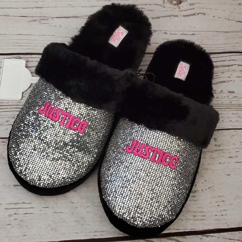 Justice girls slippers silver bling, pink logo, black faux fur size 6